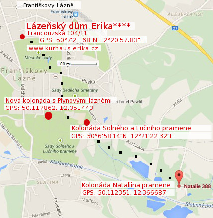 Kolonády ve Františkových Lázních a umístění LD Erika. Nová kolonáda s Plynovými lázněmi, Kolonáda Solného a Lučního pramene, Kolonáda Nataliina pramene. Kolonády Františkovy Lázně